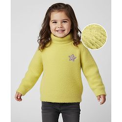 Babyhug Knit Full Sleeves Extra Soft Hairy Eyelash Yarn Turtle Neck Pullover Sweater with Star Patch Detailing - Pink