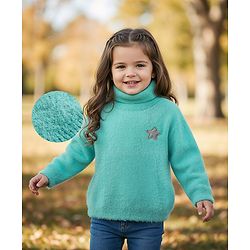 Babyhug Knit Full Sleeves Extra Soft Hairy Eyelash Yarn Turtle Neck Pullover Sweater with Star Patch Detailing - Pink