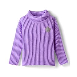 Babyhug Knitted Full Drop Shoulder Sleeves Skivi Sweater With Star Patch - Purple