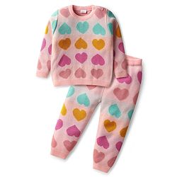 Babyhug Knit Full Sleeves Sweater Set with Heart Design - Pink