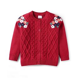 Babyhug Knitted Full Sleeves Front Open Sweater with Floral Embroidery - Red