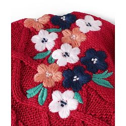 Babyhug Knitted Full Sleeves Front Open Sweater with Floral Embroidery - Red