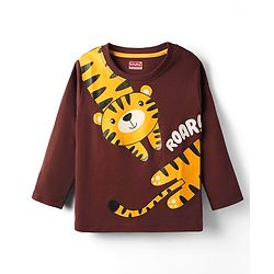 Babyhug Cotton Knit Full Sleeves T-Shirt with Tiger Print  - Brown