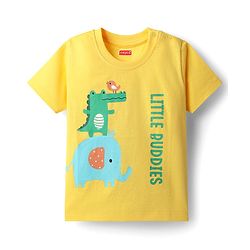 Babyhug 100% Cotton Knit Half Sleeves T-Shirt with Animals & Little Buddies Text Print - Yellow