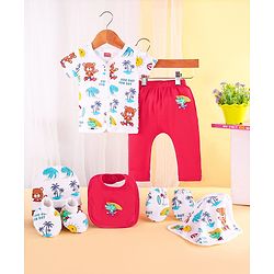 Babyhug 100% Cotton Baby Gift Set With Beach Theme Print - White & Red