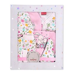 Babyhug 100% Cotton Baby Gift Set With Floral Print Pack of 7 - White & Pink