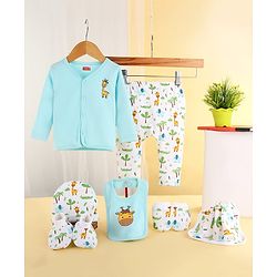 Babyhug 100% Cotton Baby Gift Set With Animal Print Pack of 7 - White & Light Blue