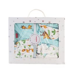 Babyhug 100% Cotton Baby Gift Set With Animal Print Pack of 7 - White & Light Blue
