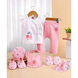 Babyhug 100% Cotton Baby Gift Set with Polka Dots & Fruit Print Set of 7 - Pink