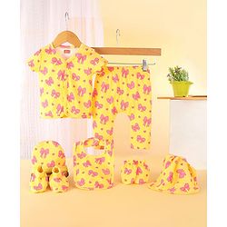 Babyhug 100% Cotton Baby Gift Set With Bow Print Pack of 7 - Yellow & Pink