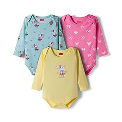 Babyhug 100% Cotton Knit Full Sleeves Onesies with Bunny & Bow Print Pack of 3 - Yellow Pink & Light Blue