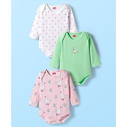 Babyhug 100% Cotton Interlock Knit Full Sleeves Onesies with Ducky & Floral Print Pack of 3 - White Light Green & Pink