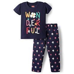 Babyhug Cotton Knit Half Sleeves Night Suit with Floral & Wonderfull Text Print - Navy Blue