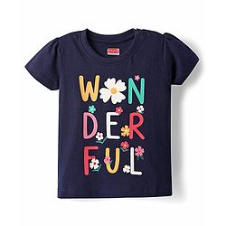 Babyhug Cotton Knit Half Sleeves Night Suit with Floral & Wonderfull Text Print - Navy Blue