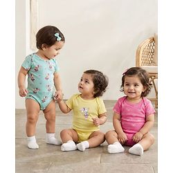 Babyhug 100% Cotton Interlock Knit Half Sleeves Onesies With Animal Print Pack Of 3 - Light Blue Yellow & Pink