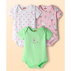 Babyhug 100% Cotton Knit Half Sleeves Onesies With Duck & Floral Print Pack of 3 - Green Pink & White