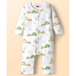 Babyhug 100% Cotton Knit Full Sleeves Rompers With Dino Print Pack of 2 - White & Green