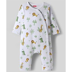 Babyhug 100% Cotton Interlock Knit Full Sleeves Front Open Romper with Animal Print Pack of 2 - Light Blue & White