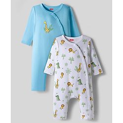 Babyhug 100% Cotton Interlock Knit Full Sleeves Front Open Romper with Animal Print Pack of 2 - Light Blue & White