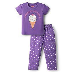 Babyhug Cotton Knit Half Sleeves Night Suit with Ice Cream Print - Purple