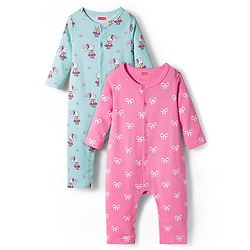 Babyhug 100% Cotton Knit Full Sleeves Rompers With With Bow & Bunny Print Pack of 2 - Pink & Light Blue