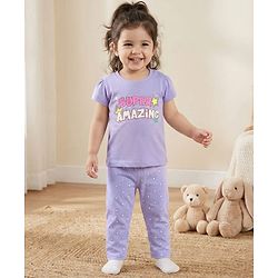 Babyhug Cotton Knit Half Sleeves Night Suit With Star & Text Print - Lavender