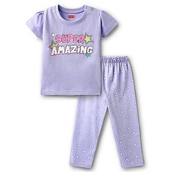 Babyhug Cotton Knit Half Sleeves Night Suit With Star & Text Print - Lavender