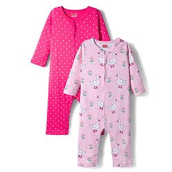 Babyhug 100% Cotton Knit Full Sleeves Front Open Rompers with Duck & Polka Dot Print Pack of 2 - Dark Pink & Pink