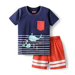 Babyhug Cotton Knit Half Sleeves Shorts Night Suit With Whale Print - Navy Blue