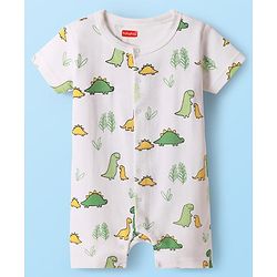 Babyhug 100% Cotton Half Sleeves Dino Printed Front Open Rompers Pack Of 2 - Light Green & White