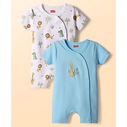 Babyhug 100% Cotton Knit Half Sleeves Romper with Animal Print Pack of 2 - Light Blue & White