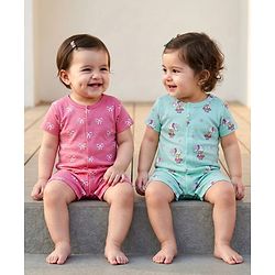 Babyhug 100% Cotton Interlock Knit Romper With Animal Print Pack Of 2 - Pink & Light Blue