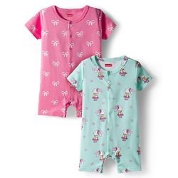 Babyhug 100% Cotton Interlock Knit Romper With Animal Print Pack Of 2 - Pink & Light Blue