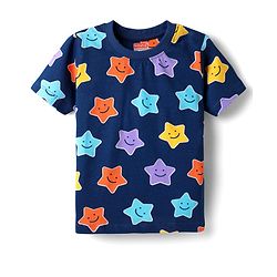 Babyhug Cotton Knit  Half Sleeves Co-ords Night Suit With Star Print - Navy Blue