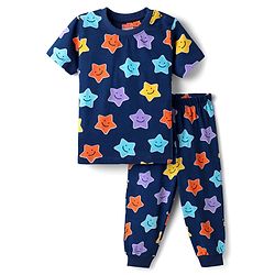 Babyhug Cotton Knit  Half Sleeves Co-ords Night Suit With Star Print - Navy Blue
