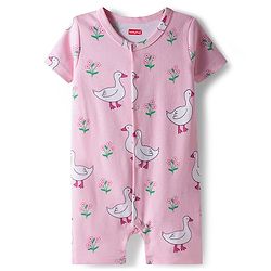 Babyhug 100% Cotton Interlock Knit Half Sleeves Front Open Romper with Polka Dot Ducky & Floral Print Pack of 2 - Dark Pink & Plum