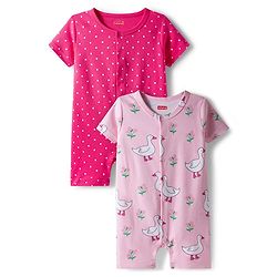 Babyhug 100% Cotton Interlock Knit Half Sleeves Front Open Romper with Polka Dot Ducky & Floral Print Pack of 2 - Dark Pink & Plum