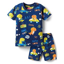 Babyhug Cotton Knit Half Sleeves Shorts Co-Ord Night Suit with Animal Print - Navy Blue