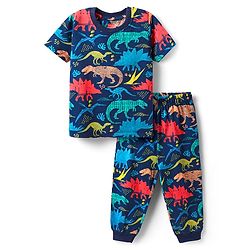Babyhug Cotton Knit Half Sleeves Co-Ord Night Suit with Animal Print - Navy Blue