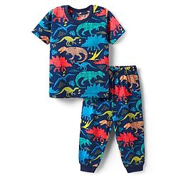 Babyhug Cotton Knit Half Sleeves Co-Ord Night Suit with Animal Print - Navy Blue