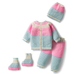 Babyhug Knit Full Raglan Sleeves Front Open Sweater & Pant Set with Cap & Booties with Color Block Design - Pink & Light Blue