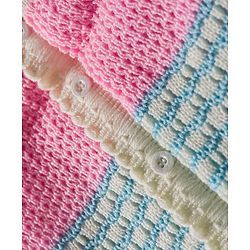 Babyhug Knit Full Raglan Sleeves Front Open Sweater & Pant Set with Cap & Booties with Color Block Design - Pink & Light Blue