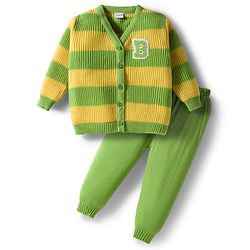 Babyhug Knit Full Sleeves Front Open Sweater & Pant Set with Color Block Design - Yellow & Green