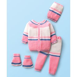 Babyhug Knit Full Raglan Sleeves Front Open Sweater Set With Cap & Mittens - Pink