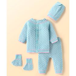 Babyhug Knitted Full Raglan Sleeves Front Open Sweater Set With Cap & Mittens - Light Blue