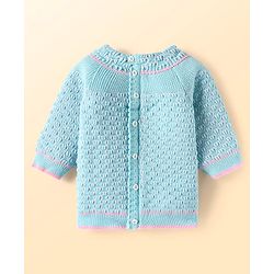 Babyhug Knitted Full Raglan Sleeves Front Open Sweater Set With Cap & Mittens - Light Blue