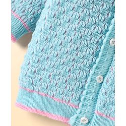 Babyhug Knitted Full Raglan Sleeves Front Open Sweater Set With Cap & Mittens - Light Blue