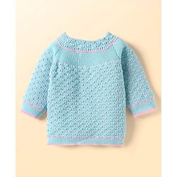 Babyhug Knitted Full Raglan Sleeves Front Open Sweater Set With Cap & Mittens - Light Blue