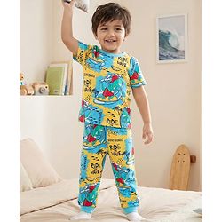 Babyhug Cotton Knit Half Sleeves Night Suit With Dino Print - Multicolour