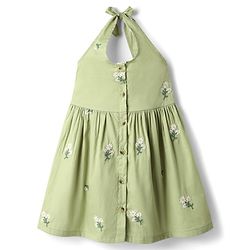 Babyhug Cotton Woven Sleeveless Halter Neck Frock with Floral Embroidery - Green